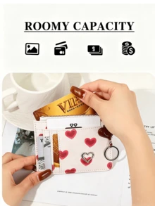 Women's Cute Y2K Red Heart Print PU Leather Card Holder With Keychain, Heart Charm & Metal Detail, Zipper Mini Wallet - White - View 8