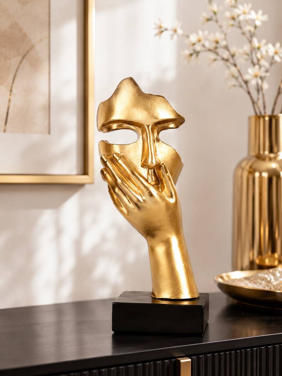 1pc Gold Abstract Face Sculptures, Surprised Listening Thinking Resin ...