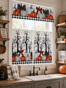3pcs Halloween Kitchen Curtain Set, Spooky Tree Polka Dot Pumpkin Bow Buffalo Plaid Print Tier Panels And Valance For Rustic Farmhouse Window Decor - B - View 8