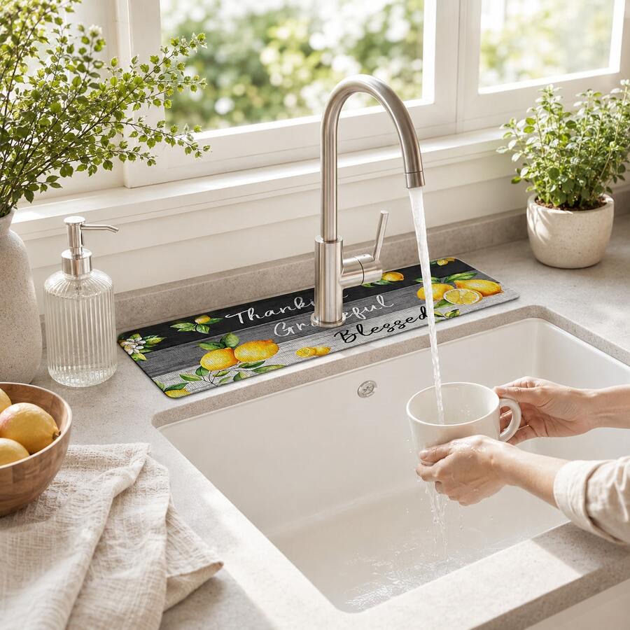 1pc Lemon Pattern, Sink Faucet Absorbent Mat, Drainage Mat, Suitable For Kitchen, Bathroom Sink, Countertop, Drainage Mat, Diatomaceous Earth Material, Trimmable, Quick-Dry Mat - Multicolor - View 1