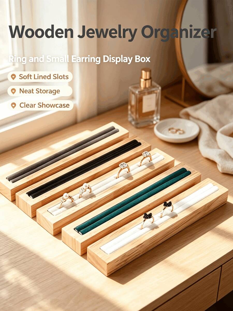 Stand Pajangan Cincin Kayu Mewah, Nampan Perhiasan Panjang dengan Bantalan Beludru, Dudukan Penyimpanan Cincin Praktis, Properti Dekoratif Ideal untuk Display Ritel Konter, Fotografi Perhiasan dan Penyimpanan Cincin Harian