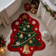 1pc Christmas Tree Shaped Faux Cashmere Rug, New Autumn/Winter Design With Bell, Snowflake And Colorful Ball Elements, Red And Green Color Tone, Soft And Comfortable Touch, Machine Washable, Suitable For Bedroom, Living Room And Entryway, Enhances Holiday Home Atmosphere - Multicolor - View 2