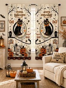 2pcs Vintage Halloween Curtains, Black Cat Moon Pumpkin Cemetery Skull Bat Print Curtain Fabric, Suitable For Living Room Bedroom Haunted House Party Decoration - F - View 5