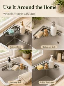 Triangular Sink Storage Rack, Stainless Steel Sink Top Draining Rack, Kitchen Dish Rack, Dishcloth And Sponge Draining Rack, Space-Saving Triangular Kitchen Organizer; Suitable For Draining Dish Soap, Cleaning Brushes And Sponges. - Multicolor - View 9