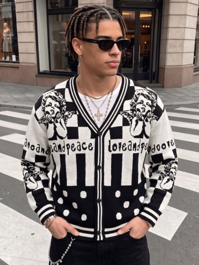 Áo cardigan nam ANDREILEE phong cách thời trang đường phố casual, chữ "Peace And Love", cổ chữ V, cài nút, tay dài, dáng rộng, len dệt gân, gấu bo, áo khoác len cho mùa thu/đông