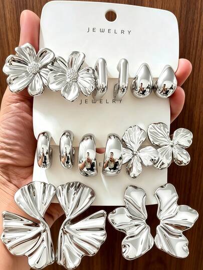 Juego de 4/6/16 piezas de pendientes elegantes y de moda con diseño floral geométrico multi-elemento en color plateado metálico, juego de pendientes de moda para mujer, adecuado para uso diario, (material CCB ligero, no se desvanece) adecuado para diversas ocasiones.
