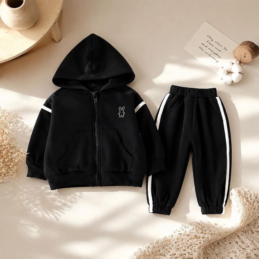 2pcs/Set Unisex Baby Toddler Casual Hooded Zip-Up Rabbit Embroidered Sweatshirt Set, Knitted Fabric, Spring/Autumn - Royal Blue - View 1