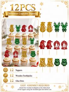 12pcs/24pcs Christmas Cake Toppers, Gold Glitter Cupcake Picks With Wooden Toothpicks And Glue Dots, Christmas Holiday Party Baking Decoration - Style a - View 8