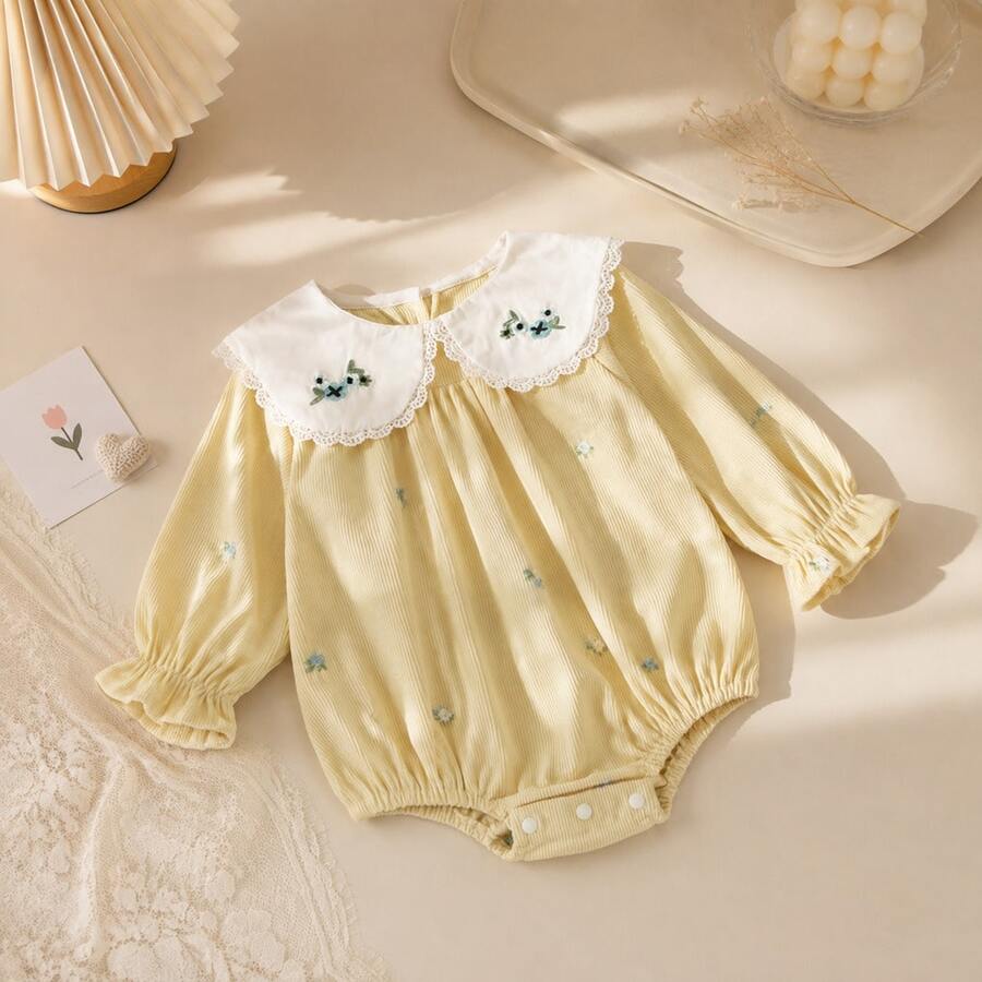 Baby Girl Floral Embroidered Peter Pan Collar Long Sleeve Bodysuit - Beige - View 1