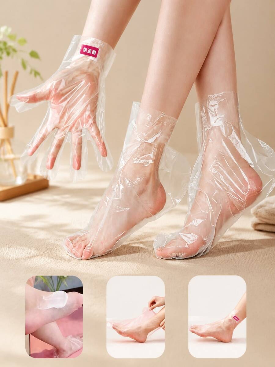 200pcs Hand & Foot Care Mask Set, Includes Adhesive Stickers, Thickened Transparent Plastic Gloves & Foot Covers, Waterproof Skincare Lining, Suitable For Home SPA, Dry & Cracked Hand & Foot Care, Universal Fit, Home SPA Overnight Care Cover [100pcs] - Multiple Styles - View 1