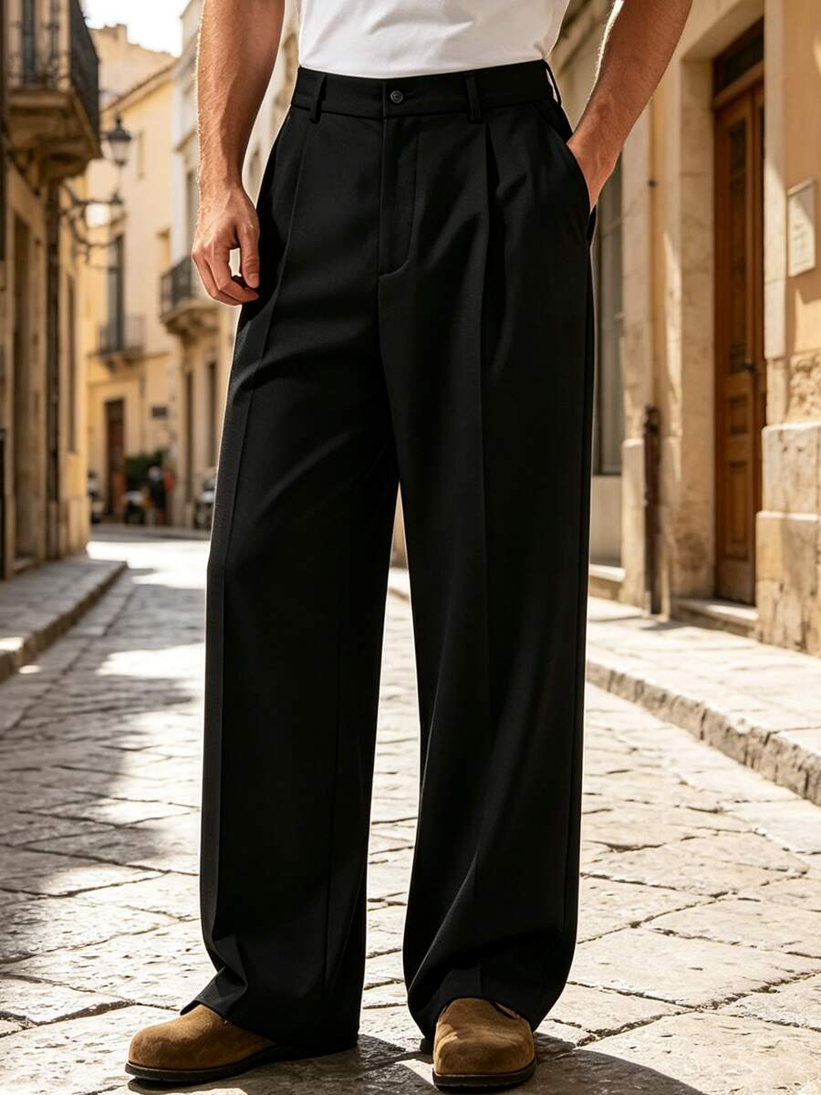 Men's Casual Long Pants, Button Waist, Summer - Black - View 1