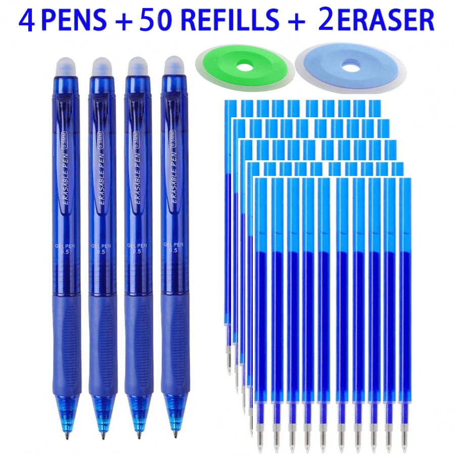 0.5mm Retractable Erasable Gel Pen Set, 2/3/4 Pens With 10/20/50 Blue Ink Refills + 1/2 Erasers, Refillable Smooth Writing Pens For Students, School, Office, Notes, Homework & Daily Writing