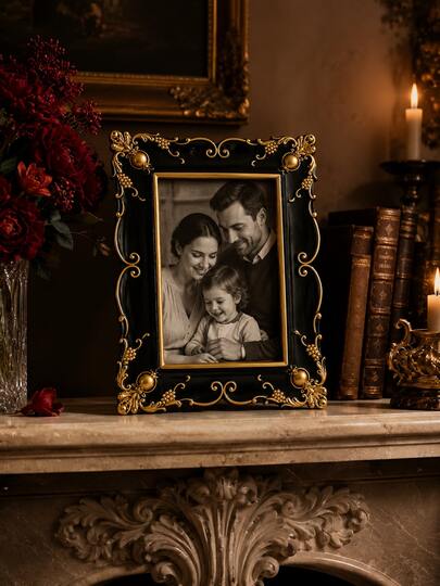 1pc Black Gold Baroque Picture Frame, Vintage Ornate European Style Photo Holder, Elegant Rectangular Tabletop Frame For Bedroom Living Room Desk Shelf Home Decor