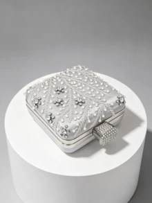 1件銀灰色緞面重綴珠葉飾晚宴手拿包，3D珍珠水鑽花朵硬殼包，婚禮宴會派對禮服搭配可拆式鍊條斜跨女包 - 銀色 - 查看 5