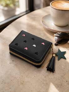 Women's Tassel Short Wallet, Cute Zipper Credit Card Holder, Fashionable Minimalist Heart Embroidery Wallet, Key Ring Wristlet, Back To School Gift - Multicolor - View 19