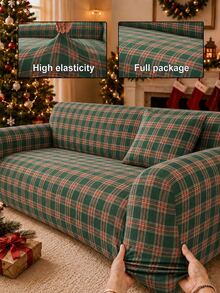 Christmas 1pc Printed Classic Christmas Green Plaid + 1pc Matching Pillowcase Full Sofa Cover, Holiday Home Decor, Multiple Sizes Available, Modern Minimalist Elastic Breathable Polyester Full Sofa Cover, All-Season Suitable For Living Room Home Use - Multicolor - View 1
