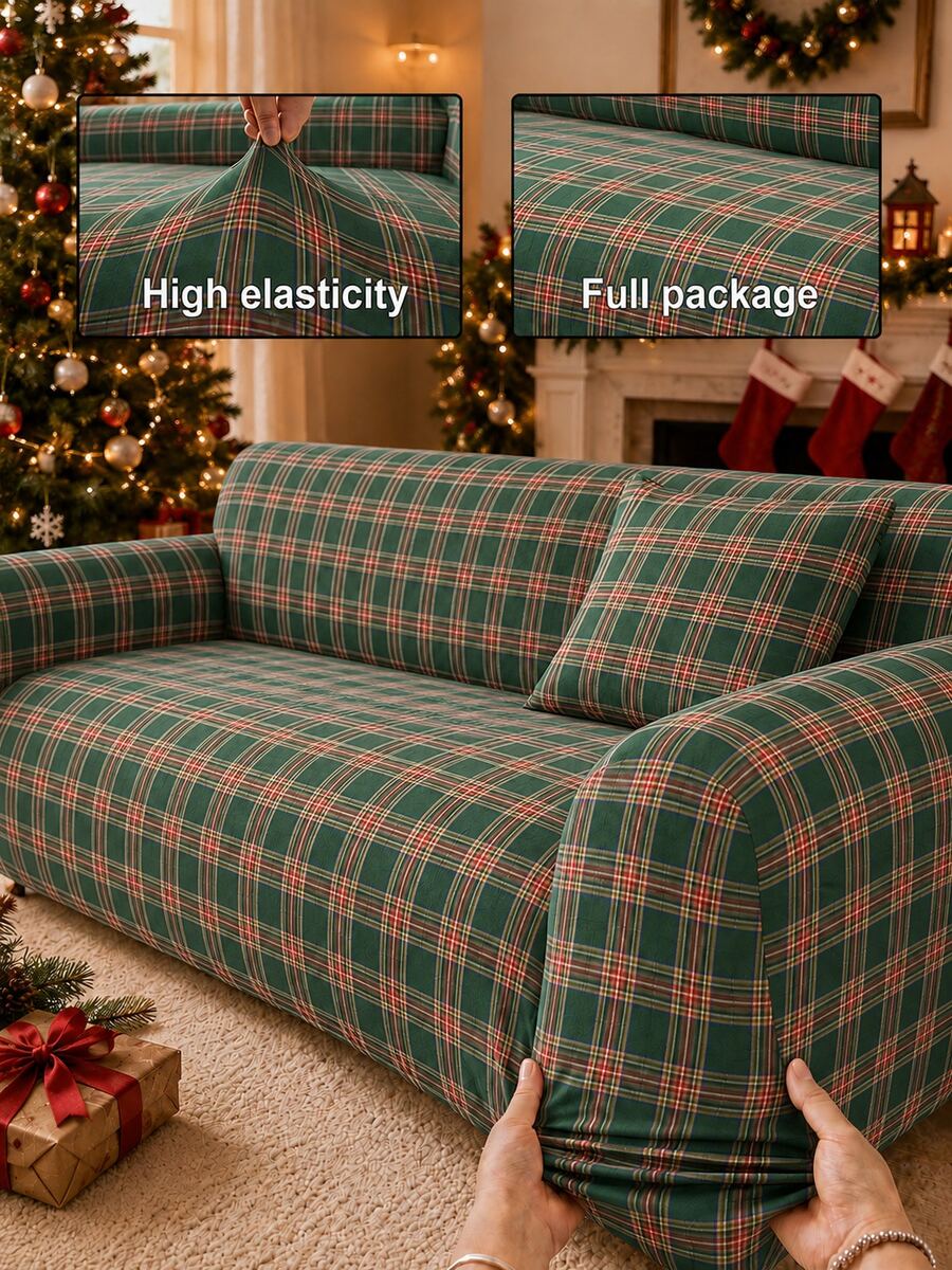 Christmas 1pc Printed Classic Christmas Green Plaid + 1pc Matching Pillowcase Full Sofa Cover, Holiday Home Decor, Multiple Sizes Available, Modern Minimalist Elastic Breathable Polyester Full Sofa Cover, All-Season Suitable For Living Room Home Use - Multicolor - View 1