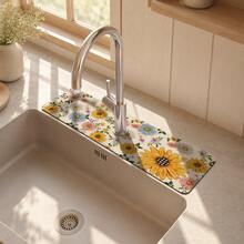 1pc Floral Pattern Sink Faucet Absorbent Mat, Drainage Mat, Suitable For Kitchen, Bathroom Sink, Countertop, Drainage Mat, Diatomaceous Earth Material, Trimmable, Quick-Drying Mat - Multicolor - View 2