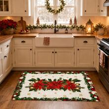 1 buah Karpet Wol Imitasi Motif Bunga Merah Natal, Merah Natal, Motif Daun Holly, Kerucut Pinus, Lonceng dan Bola Natal, Dekorasi Rumah Musim Dingin yang Elegan, Cocok untuk Lorong Masuk, Dapur, Ruang Tamu, Kamar Tidur - MultiWarna - View 3