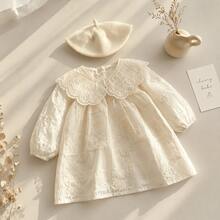 1pc Baby Girl Lace Peter Pan Collar Long Sleeve Soft Dress - Beige - View 1