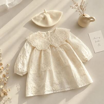 1pc Baby Girl Lace Peter Pan Collar Long Sleeve Soft Dress