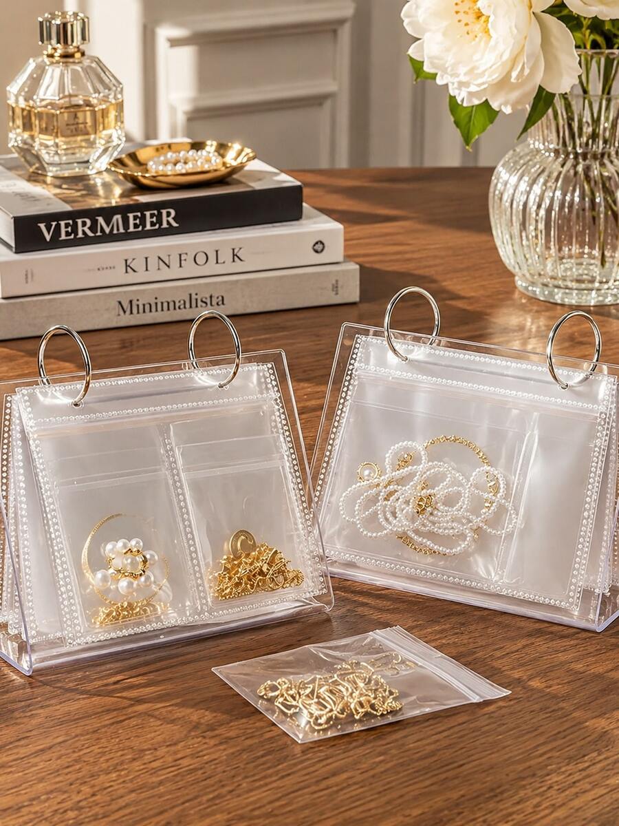 Desktop Storage Bag Rack Jewelry Organizer Dustproof, Transparent Acrylic Jewelry Display Book With Anti-Oxidation Sealed Bags, PVC Transparent Sealed Ring Earrings Nail Stickers Collection Photo Album