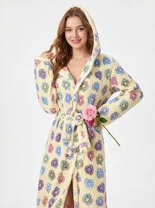 Aesletic Girls' Milk Yellow Colorful Floral & Heart Print Hooded Coral Fleece Bathrobe, Autumn/Winter Waist Short Robe - Multicolor - View 2