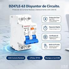 TEDDYELE 2P 30mA RCBO Residual Current Circuit Breaker With Overcurrent Protection C Curve 230V 3000A ELCB DIN Rail Mount, DZ47LE-63 - Blue - View 1