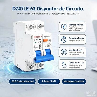 TEDDYELE 2P 30mA RCBO Pemutus Sirkuit Arus Sisa dengan Perlindungan Arus Lebih Kurva C 230V 3000A ELCB Pemasangan Rel DIN, DZ47LE-63