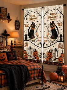 2pcs Vintage Halloween Curtains, Black Cat Moon Pumpkin Cemetery Skull Bat Print Curtain Fabric, Suitable For Living Room Bedroom Haunted House Party Decoration - F - View 6