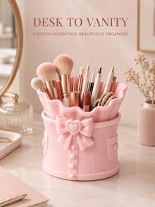 Bowknot Dress Style Makeup Brush Storage Box, Multi-Functional Desktop Organizer, Suitable For Office Desk Or Vanity; Compact Design, Space-Saving, Can Store Pens, Cosmetics, Lipsticks, Markers, Hair Ties And Other Items, Meeting Office And Daily Use Needs. - Multicolor - View 1