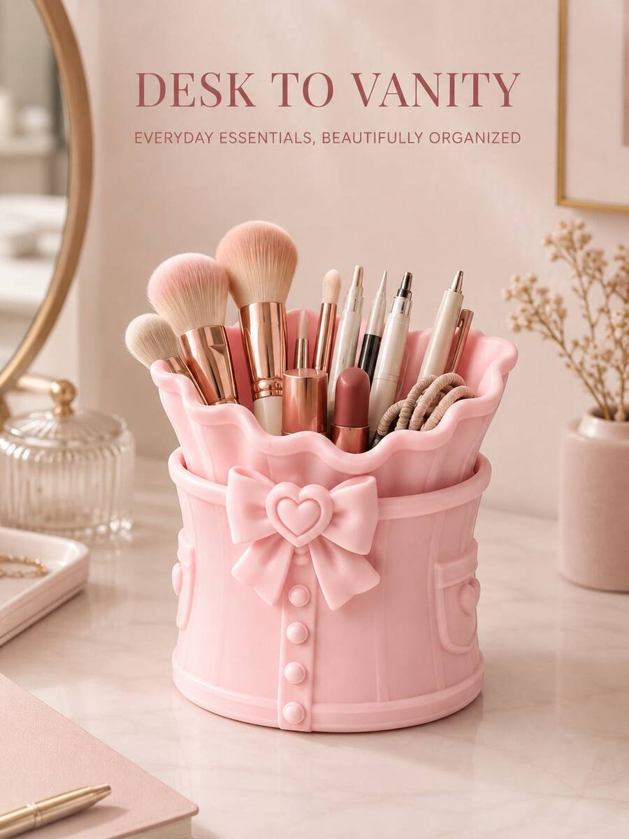 Bowknot Dress Style Makeup Brush Storage Box, Multi-Functional Desktop Organizer, Suitable For Office Desk Or Vanity; Compact Design, Space-Saving, Can Store Pens, Cosmetics, Lipsticks, Markers, Hair Ties And Other Items, Meeting Office And Daily Use Needs. - Multicolor - View 1