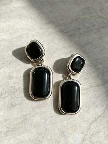 1 Pair Vintage Old Money Style Fashion High-End New Geometric Black Agate Dangle Earrings Ear Clips Women's Fashion Jewelry Accessory - Old Money Style Black Onyx Clip-on Earrings - View 7