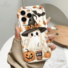Halloween Cute Ghost & Pumpkin Phone Case, Wavy Pattern Full Coverage Anti-Drop Soft Shell Compatible With Apple 17 16 15 14 13 12 11 Pro Max - Multicolor - View 1