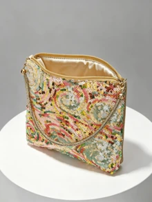 1件金色亮片珠飾方形晚宴包，彩色漩渦螺旋刺繡圖案，水鑽手提拉鍊軟包，可拆卸鍊條斜跨包，適合派對、婚禮、正式禮服 - 金色 - 查看 4
