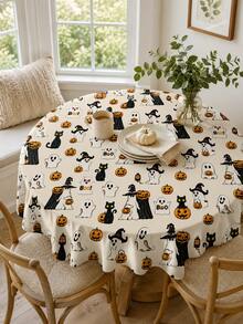 1pc Halloween Round Tablecloth, Cute Ghost Black Cat Pumpkin And Witch Hat Print Table Cover, Autumn Halloween Party Kitchen Dining Room Decoration - Multicolor - View 19