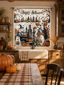 3pcs Happy Halloween Kitchen Curtain Set, Ghost Pumpkin Haunted Castle Truck Graveyard Print Tier Panels With Valance For Spooky Farmhouse Window Decor - E - View 10