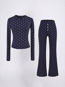 Never me Women's Polka Dot Long Sleeve Sportswear Set, Crew Neck Slim Fit Top With Button Waist And Flared Pants, 2 Pieces Set - Navy Blue - View 1