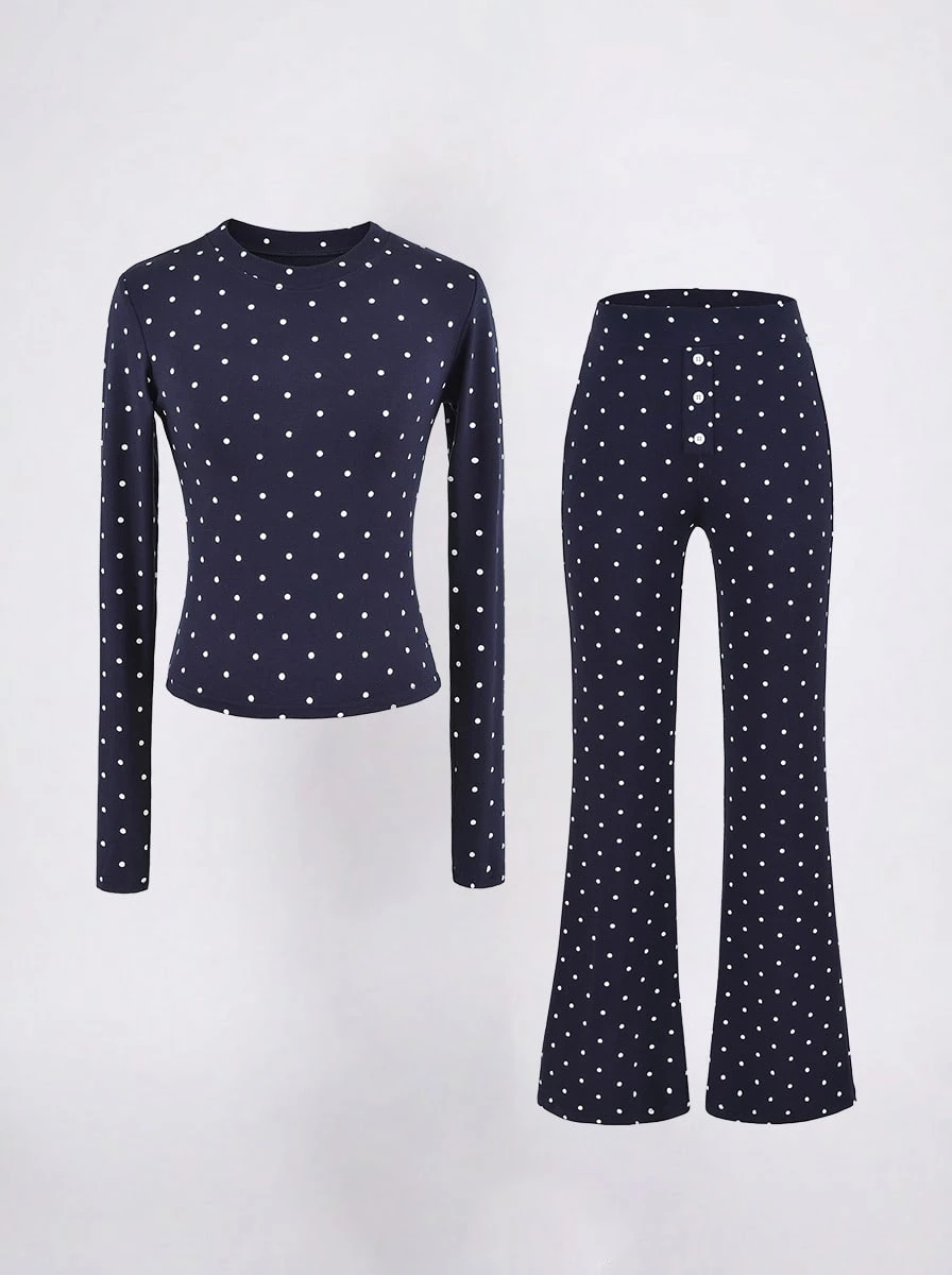 Never me Women's Polka Dot Long Sleeve Sportswear Set, Crew Neck Slim Fit Top With Button Waist And Flared Pants, 2 Pieces Set - Navy Blue - View 1