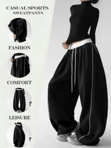 Women's New Contrast Color Design Side Stripe Loose Drawstring Jogger Pants, Versatile Wide Leg Straight Leg Casual Pants For Daily Wear, Home, Vacation, Jogging, Dancing, Running, All Seasons - Starry Black - View 3
