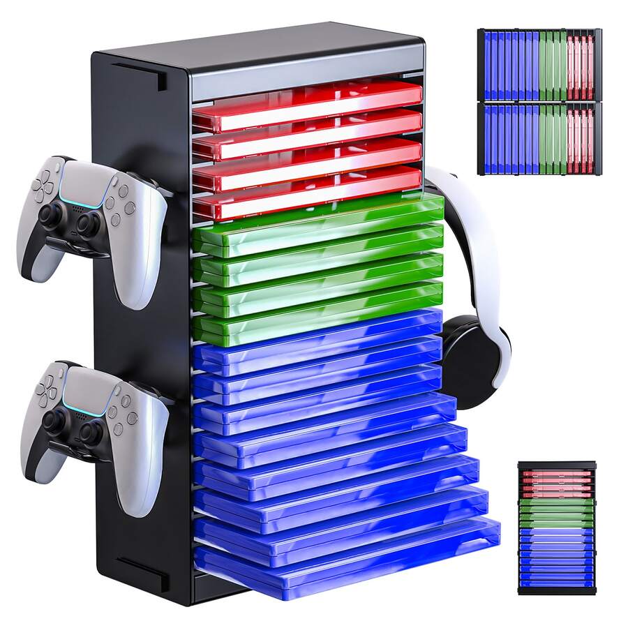 Universal Video Game Storage Tower With 4 Controller & Headset Holders, 16 Game Disc Organizer Stand, Vertical/Horizontal Storage Rack Compatible With P5, P4, X-Series, NS Console - View 1