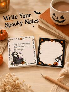 1set/400cps Skull Magic Cauldron Pattern Halloween Square Sticky Notes, White Writing Pages With Black And Orange Wavy Borders, Grim Reaper Skull, Purple Magic Potion, Candle, Pumpkin Lantern And Little Ghost Elements, Strong Holiday Atmosphere, Ample Writing Space, Detachable For Use, Suitable For Memo Recording, Message Reminders, Schedule Planning, Work Plans, Classroom Notes, Key Point Marking - one-size - View 1