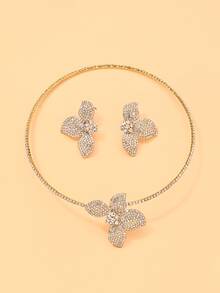 outingfit 1 Set New Full Rhinestone Leaf Necklace & Earrings Set, Versatile Party Fashion Jewelry Floral Accessories Necklace Set - Gold - View 5