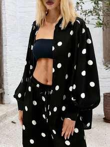Women's Elegant Bohemian Polka Dot 2-Piece Set, Shirt Collar Button-Up Top With Wide Leg Pants, Fashion Casual Non-Stretch Outfit, Suitable For Daily Wear And Spring/Autumn - Black - View 4