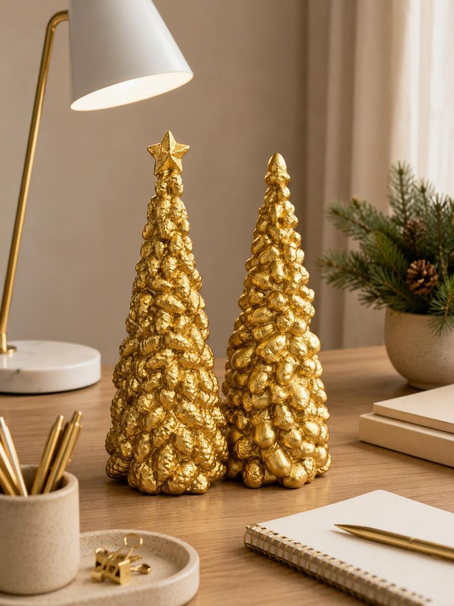 1pc Gold Tabletop Christmas Tree Decor, Textured Xmas Tree Figurine With Elegant Metallic Finish, Luxury Holiday Centerpiece For Shelf Mantel Dining Table Living Room - Multiple Models 2 - View 1