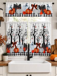 3pcs Halloween Kitchen Curtain Set, Spooky Tree Polka Dot Pumpkin Bow Buffalo Plaid Print Tier Panels And Valance For Rustic Farmhouse Window Decor - B - View 4