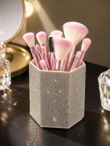 1pc Rhinestone Hexagonal Makeup Brush Holder, Large Capacity, Colorful Rhinestone Inlaid Surface, Hexagonal Column Design, Beauty Tool Storage Box, Suitable For Bedroom Vanity, Makeup Table And Other Scenes - Multicolor - View 2
