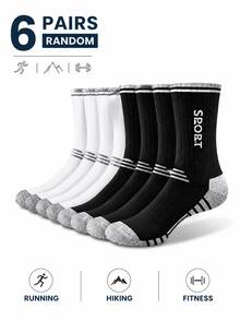 6 Pairs Random Sporty Durable Men's Mid-Calf Socks, Striped Contrast Color Thick Terry Sole Breathable Non-Slip Athletic Socks For Running, Hiking, Fitness - Black and White - View 1