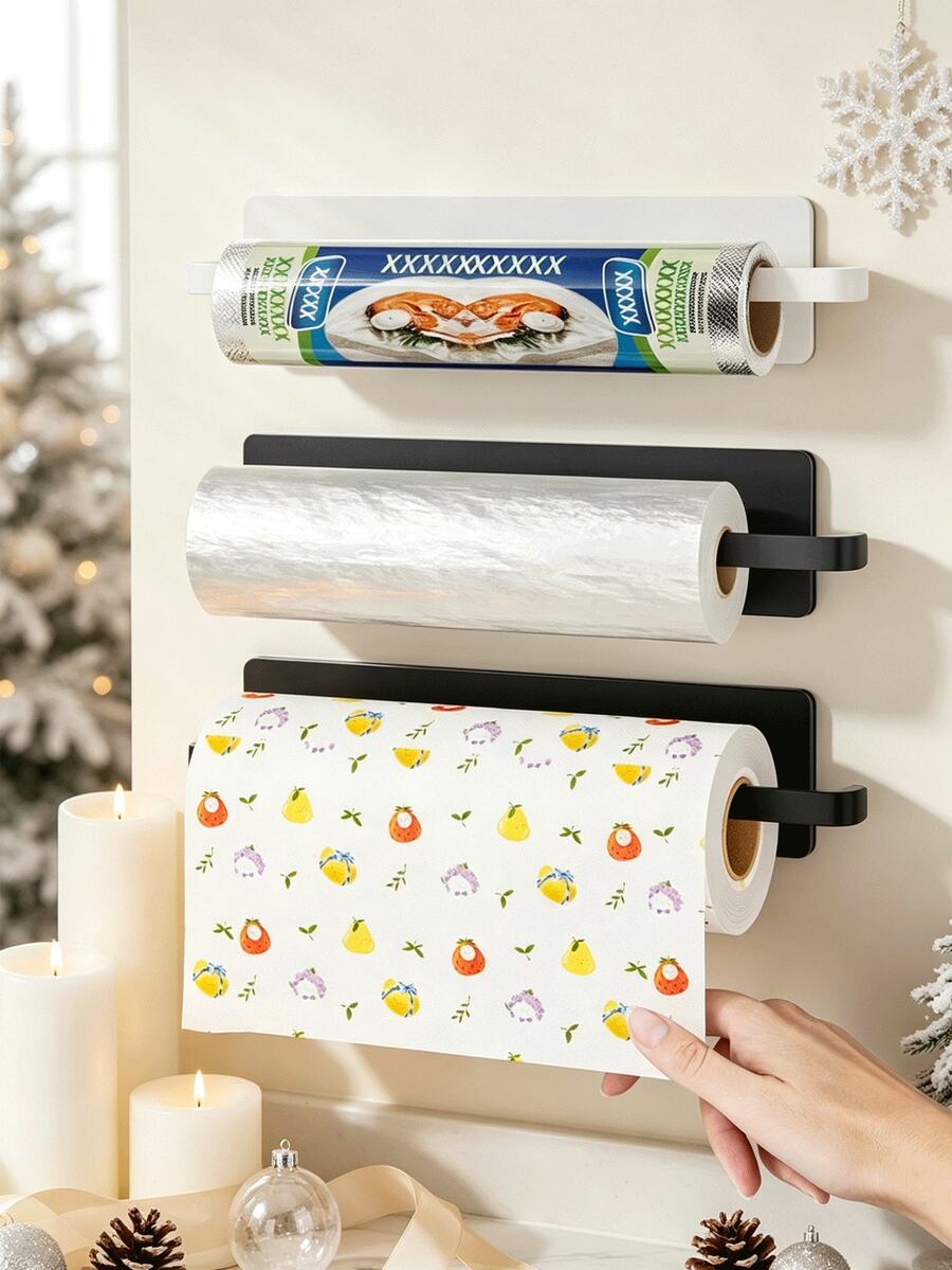 Wall-Mounted Self-Adhesive Paper Towel Holder (Suitable For Under-Cabinet Installation), With Integrated Plastic Wrap Cutter And Storage Shelf, Stylish Durable Space-Saving, Suitable For RV, Kitchen, Bathroom And Home Use