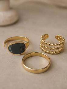 Dellgoo 3pcs European & American Style Stainless Steel Black Round Plain Band Stackable Rings, Vintage Luxury Daily Versatile Accessory - Gold - View 3